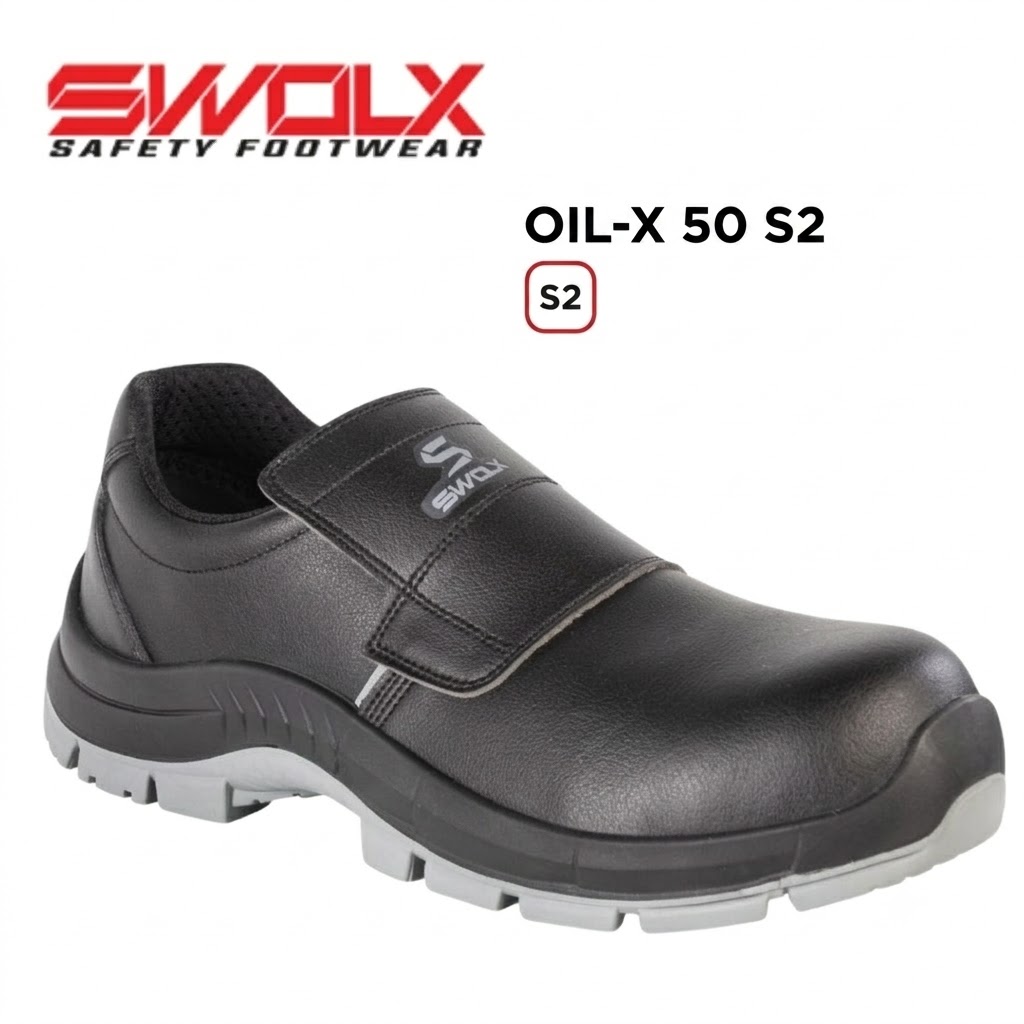 SWALX Oil-X 50 S2 safety shoe in black with a Velcro strap and grey sole, industrial footwear for protection wearning
