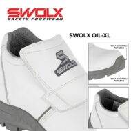White Swolx Oil-XL safety boot with a Velcro strap and rugged gray outsole; logo visible on the strap area.