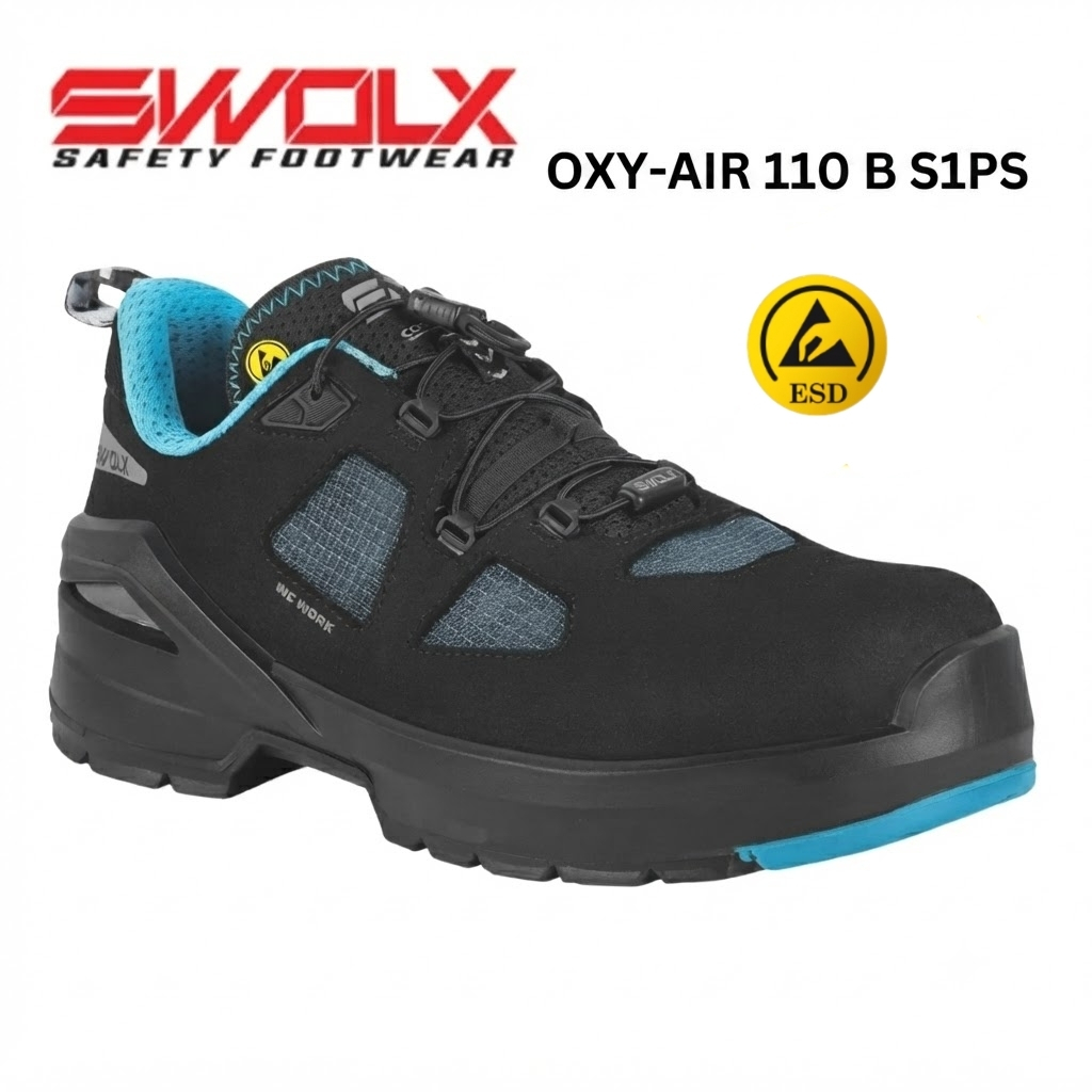 Safety shoe SWOX OXY-AIR 110 B S1PS: black with blue lining, rugged sole, ESD symbol visible.