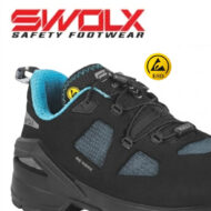 SWOLX safety footwear shoe in black with blue lining and ESD emblem