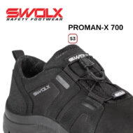 Swolx PROMAN-X 700 black safety shoe with S3 protection label.