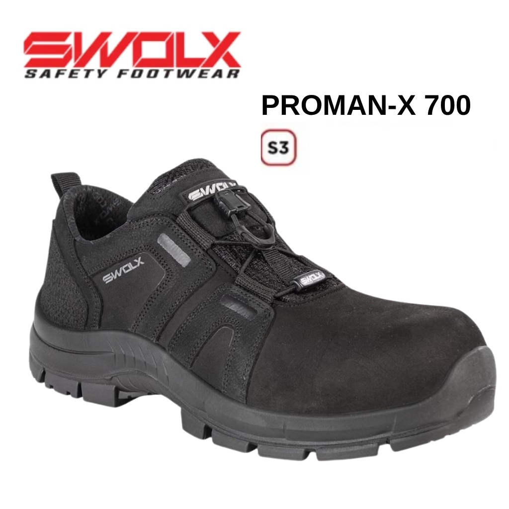 Black SWOLX PROMAN-X 700 safety shoe with rugged outsole and quick-release lacing, S3 rated