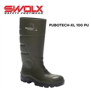 Dark green SWOLX safety boot with rugged sole; labeled Pubotech-XL 100 PU on white background.