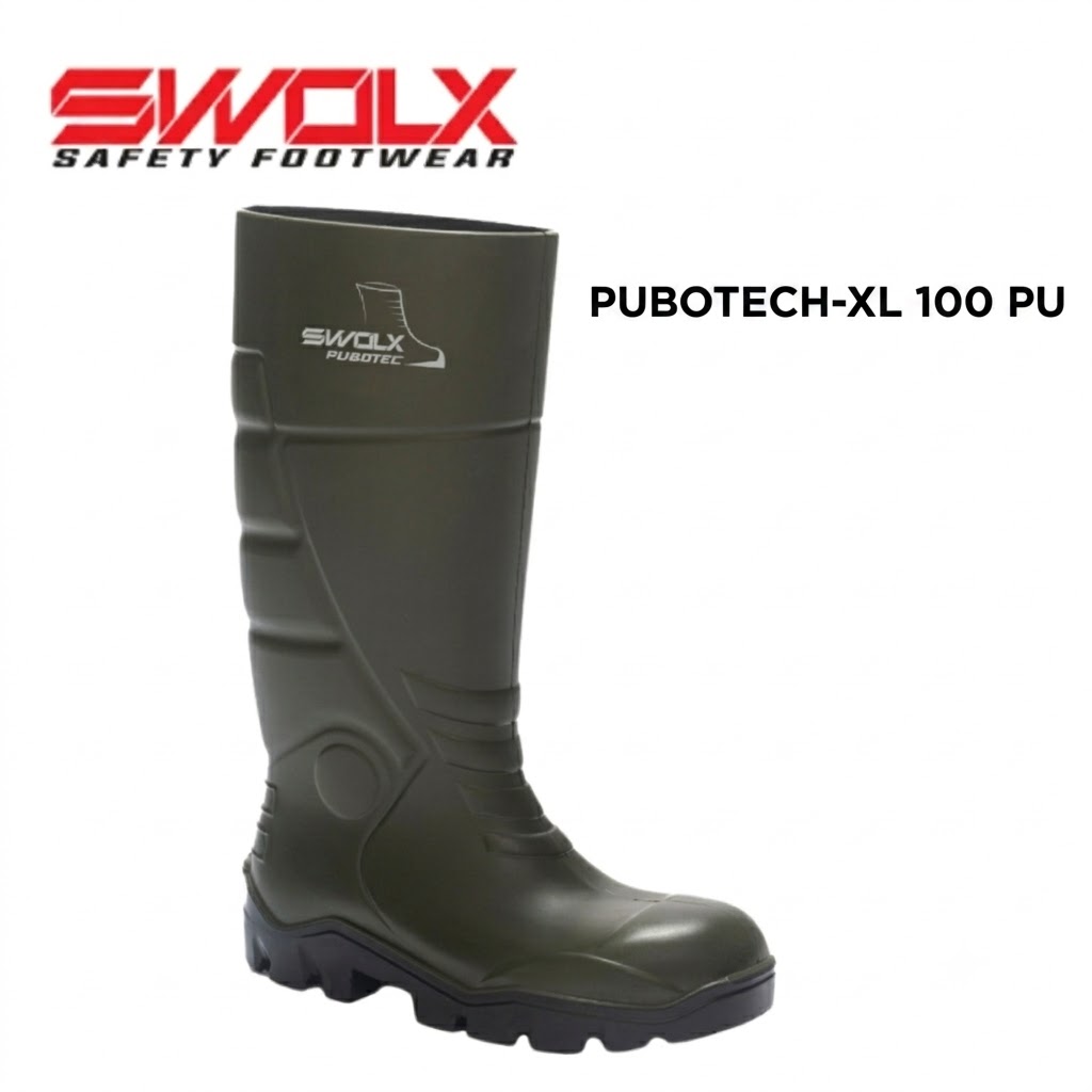 Dark green SWOLX safety boot with rugged sole; labeled Pubotech-XL 100 PU on white background.