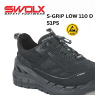Black SWOLX S-GRIP LOW 110 D safety shoe with rugged sole and mesh panels, S1PS.