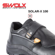 Swolx SOLAR-X 100 black safety shoe with Velcro strap; features S3 and D3O badges.