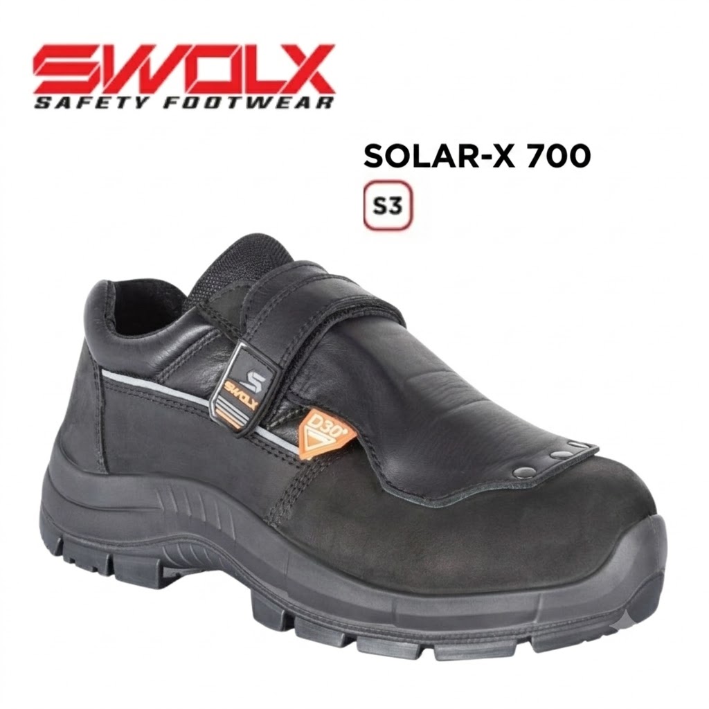 Black SwALX Solar-X 700 safety shoe with Velcro straps and rugged outsole (S3 rated).