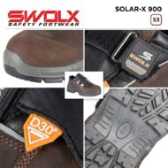 Collage showing SWOLX Solar-X 900 safety shoe with brown suede upper, rugged sole, and logo highlights across panels.