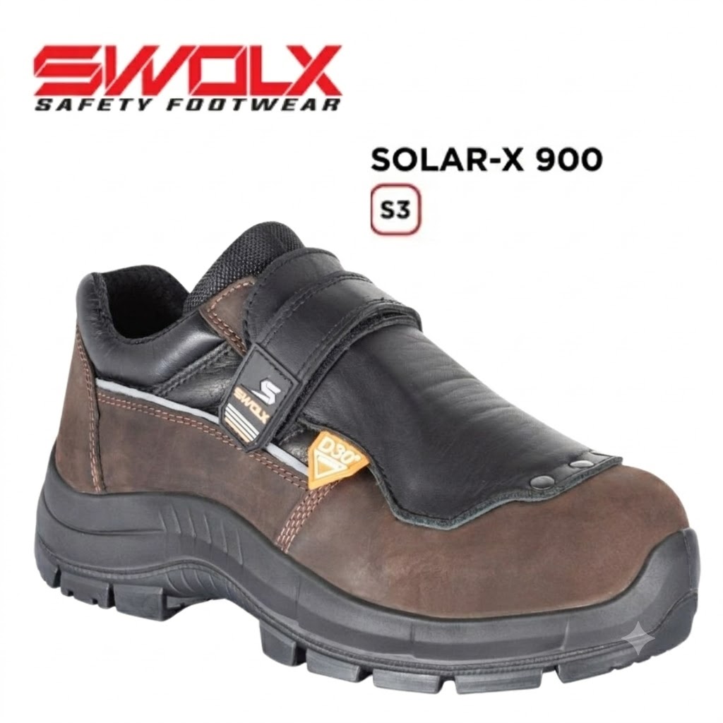 Swalx Solar-X 900 safety shoe in brown leather with black strap and rugged sole (S3)