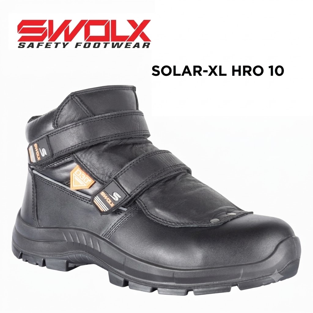 Black safety boot with two Velcro straps and rugged outsole; Solar-XL HRO 10.