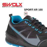 SWOLX Sport-XR 100 safety shoe in black with blue accents, side view showing mesh panels and treaded sole.