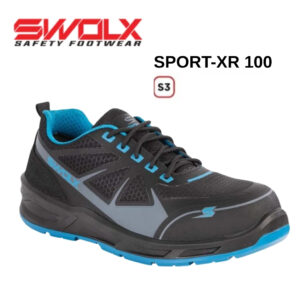 SWOLX SPORT-XR 100 running shoe, black with blue accents and mesh panels, side logo visible.