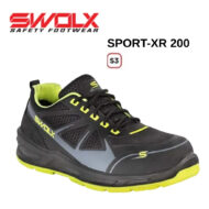 SWOLX SPORT-XR 200 safety shoe in black with neon yellow accents and S3 safety rating badge above the shoe's toe area