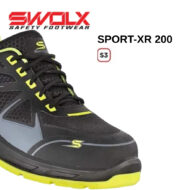 SWOLX Safety Footwear SPORT-XR 200: black athletic shoe with neon yellow laces and lime sole, featuring S3 badge.