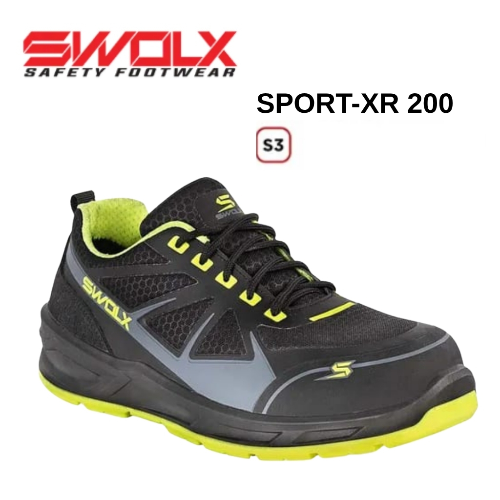 SWOLX SPORT-XR 200 safety shoe in black with neon yellow accents and S3 safety rating badge above the shoe's toe area