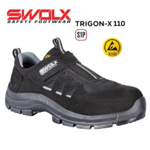 Black SWOLX safety shoe, model Trigon-X110, with S1P and ESD markings and rugged tread outsole.