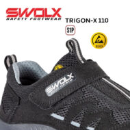 SWOLEX Trigon-X110 safety shoe with S1P and ESD logos, black with a Velcro strap and breathable mesh panels.