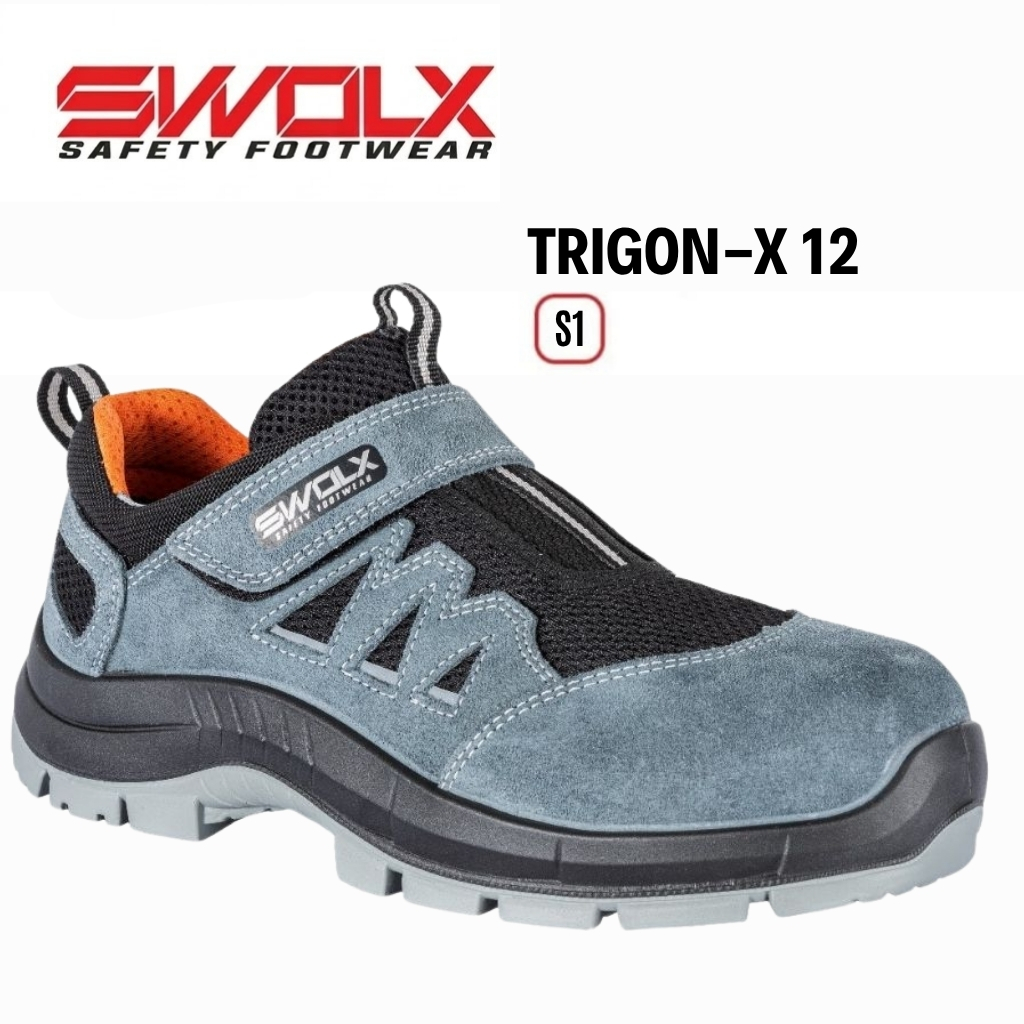 SWOLX Safety Footwear Trigon-X 12: blue-gray rugged safety shoe with orange lining