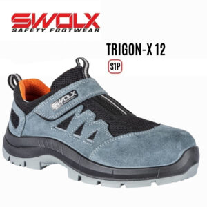 SWOLX TRIGON-X12 safety shoe: blue-gray upper with black mesh, orange interior lining and Velcro strap