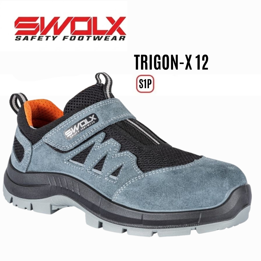 SWOLX TRIGON-X 12 S1P İŞ AYAKKABISI SWOLX TRIGON-X12 safety shoe: blue-gray upper with black mesh, orange interior lining and Velcro strap