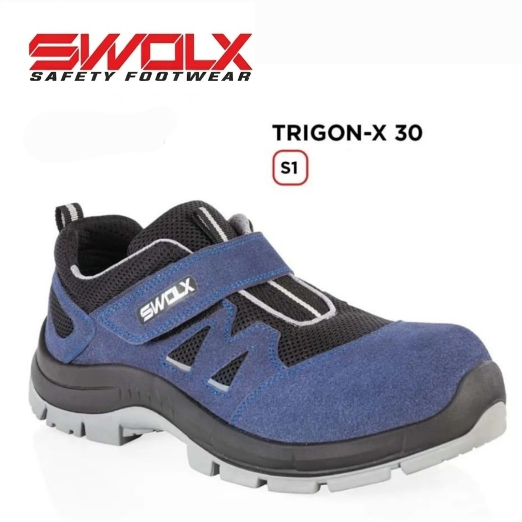 SWOX Trigon-X 30 safety shoe in blue and black with a Velcro strap and rugged tread outsole.