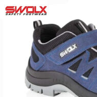 Blue SWOX safety boot close-up showing strap and rugged sole for protection footwear info