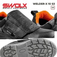 SWOLX Welder-X 10 S3 safety shoe with black leather upper, orange interior lining, and rugged outsole; side and bottom views show tread pattern and logo.