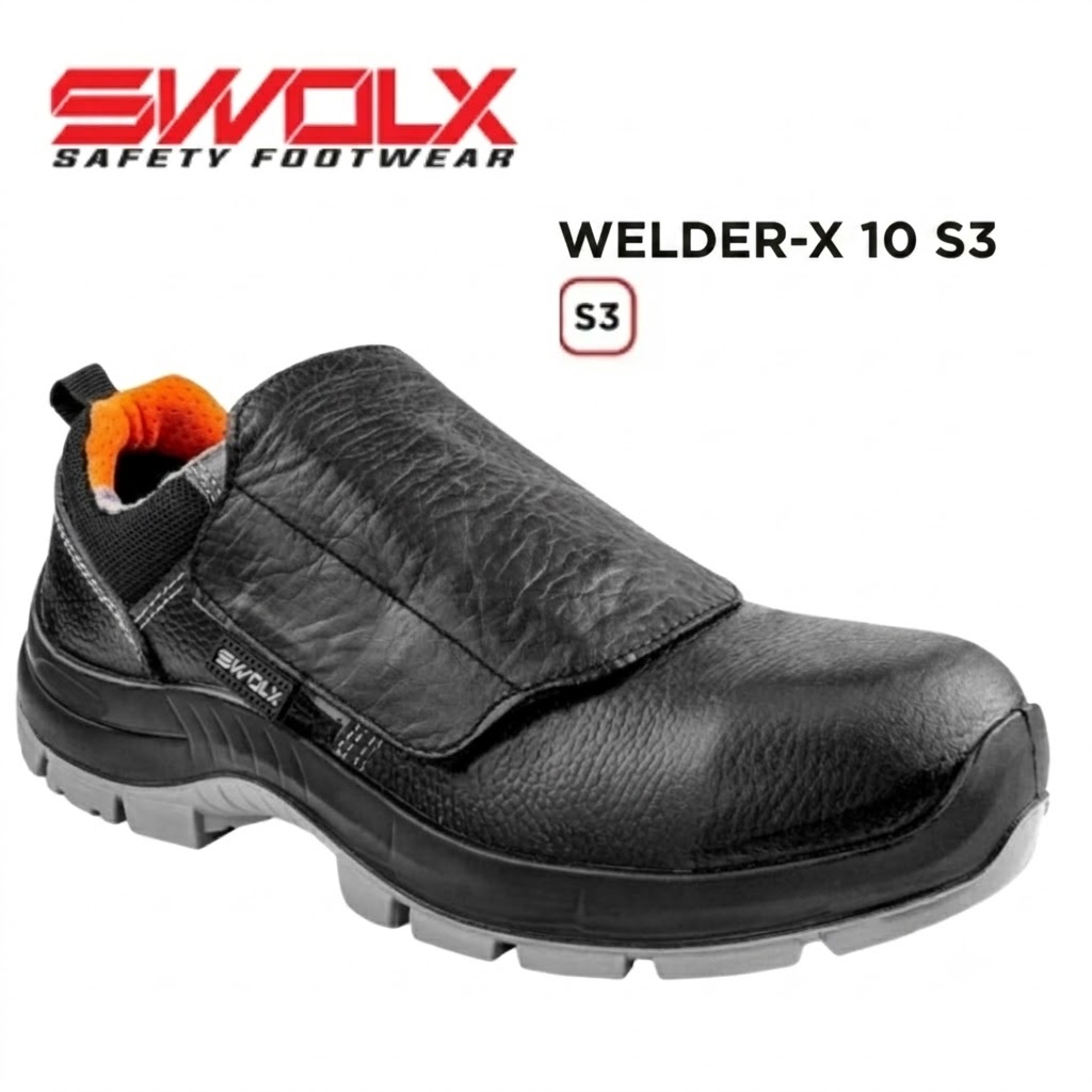 SWOLX Welder-X 10 S3 black safety shoe with orange interior and rugged gray outsole.