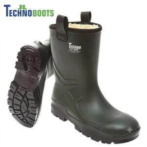 Dark green rubber winter boots with shearling lining and heavy lug soles, branded Techno Boots visible at the top left.