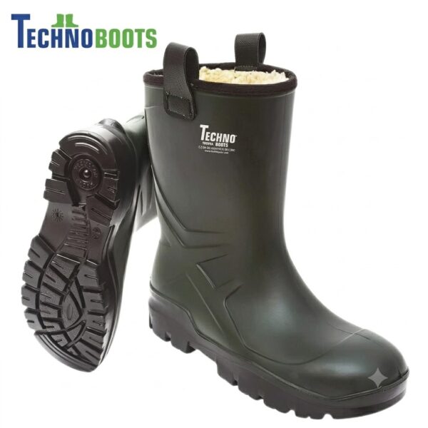 Dark green rubber winter boots with shearling lining and heavy lug soles, branded Techno Boots visible at the top left.