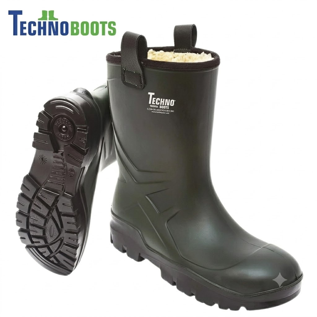 Dark green rubber winter boots with shearling lining and heavy lug soles, branded Techno Boots visible at the top left.
