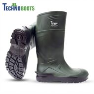 Green rubber boot with a chunky tread sole, standing upright against a white background; TechnoBoots logo shown in the top-left corner.