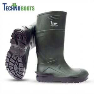Green rubber boot with a chunky tread sole, standing upright against a white background; TechnoBoots logo shown in the top-left corner.