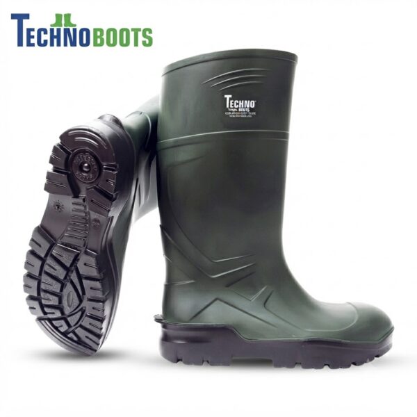 Green rubber boot with a chunky tread sole, standing upright against a white background; TechnoBoots logo shown in the top-left corner.