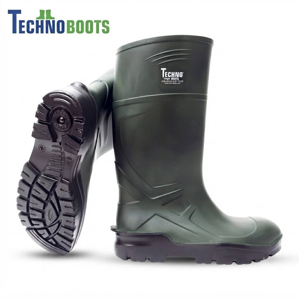 Green rubber boot with a chunky tread sole, standing upright against a white background; TechnoBoots logo shown in the top-left corner.