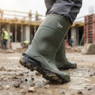 Close-up of green rubber boot stepping through a muddy puddle at a construction site, blurred workers in the background.