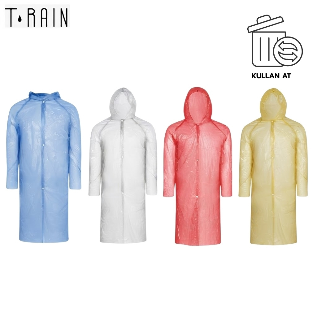 Set of four translucent plastic rain ponchos in blue, white, red, and yellow shown in a row.