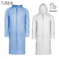 Two plastic rain ponchos in blue and clear with hoods and front fasteners.