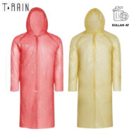 Two translucent plastic hooded rain ponchos, pink on the left and pale yellow on the right, shown side by side for rain protection.