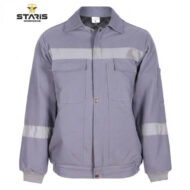 Purple workwear jacket with two chest pockets and light gray reflective stripes across chest and sleeves, brand Staris visible