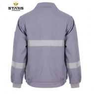 Back view of a lavender work jacket with a wide reflective stripe across the mid back and matching stripes on the sleeves, ribbed cuffs and hem, Staris logo visible.
