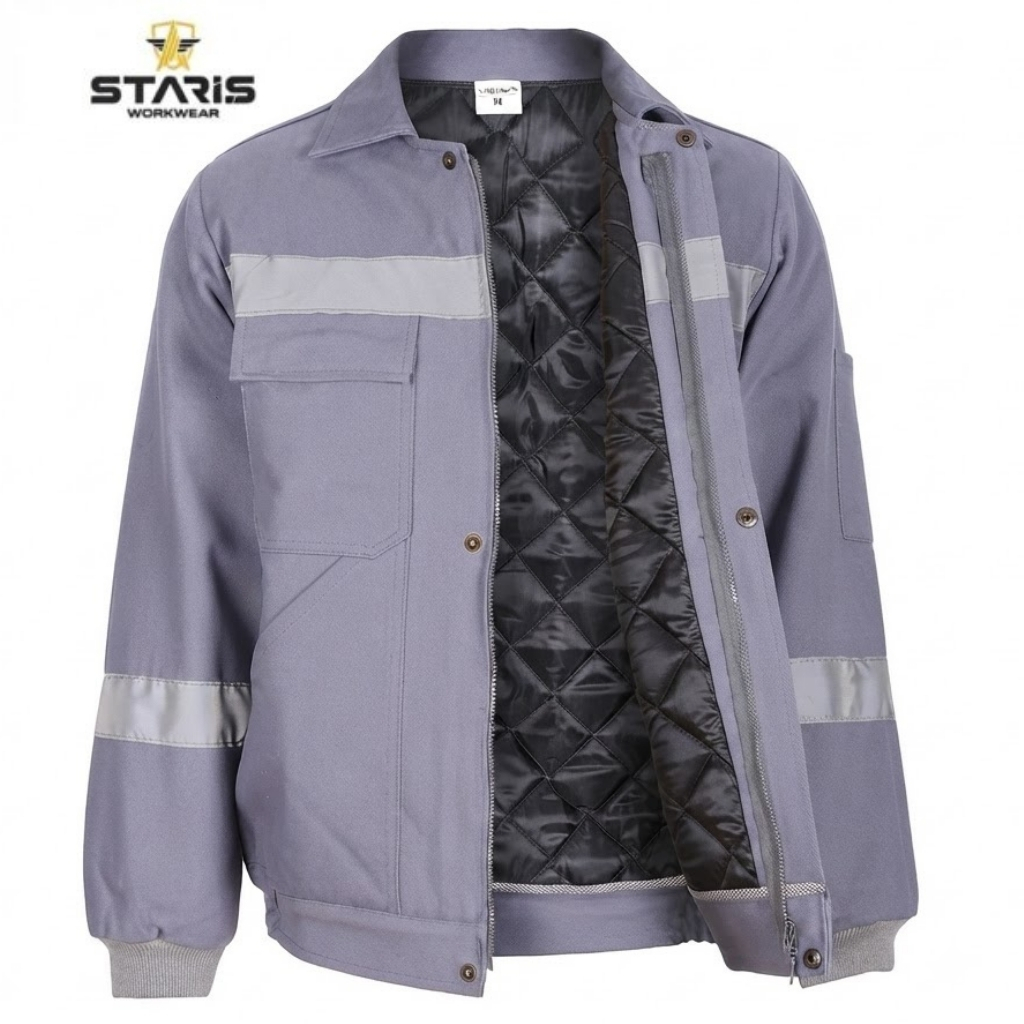 Purple work jacket with reflective grey stripes, zip closure, and ribbed cuffs; quilted black interior lining visible.