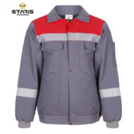Grey work jacket with red shoulder yoke and a light gray reflective stripe across the chest and upper arms, ribbed cuffs and hem (Staris Workwear).