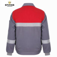 Back view of a grey and red work jacket with a reflective stripe across the upper back and around the sleeves; Staris Workwear logo appears in the top-left corner.