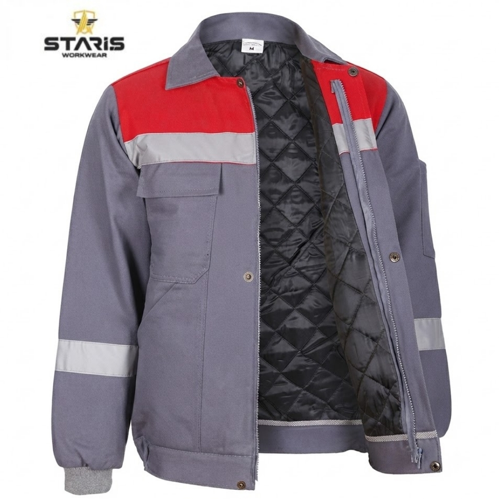 Staris Workwear quilted gray jacket with a red shoulder panel, reflective stripe, front pockets, and zip closure.