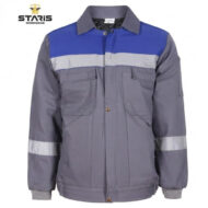 Grey and blue work jacket with reflective stripes on chest and sleeves, multiple front pockets, ribbed cuffs and hem.