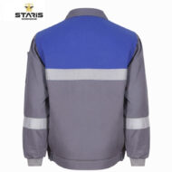 Back view of a gray work jacket with blue upper back, a light gray reflective stripe across the mid-back, and reflective cuffs; Staris Workwear logo top-left.