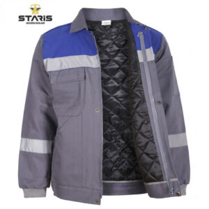 Grey-blue work jacket with reflective stripes on sleeves, front pocket, and an open zip showing a black quilted lining.
