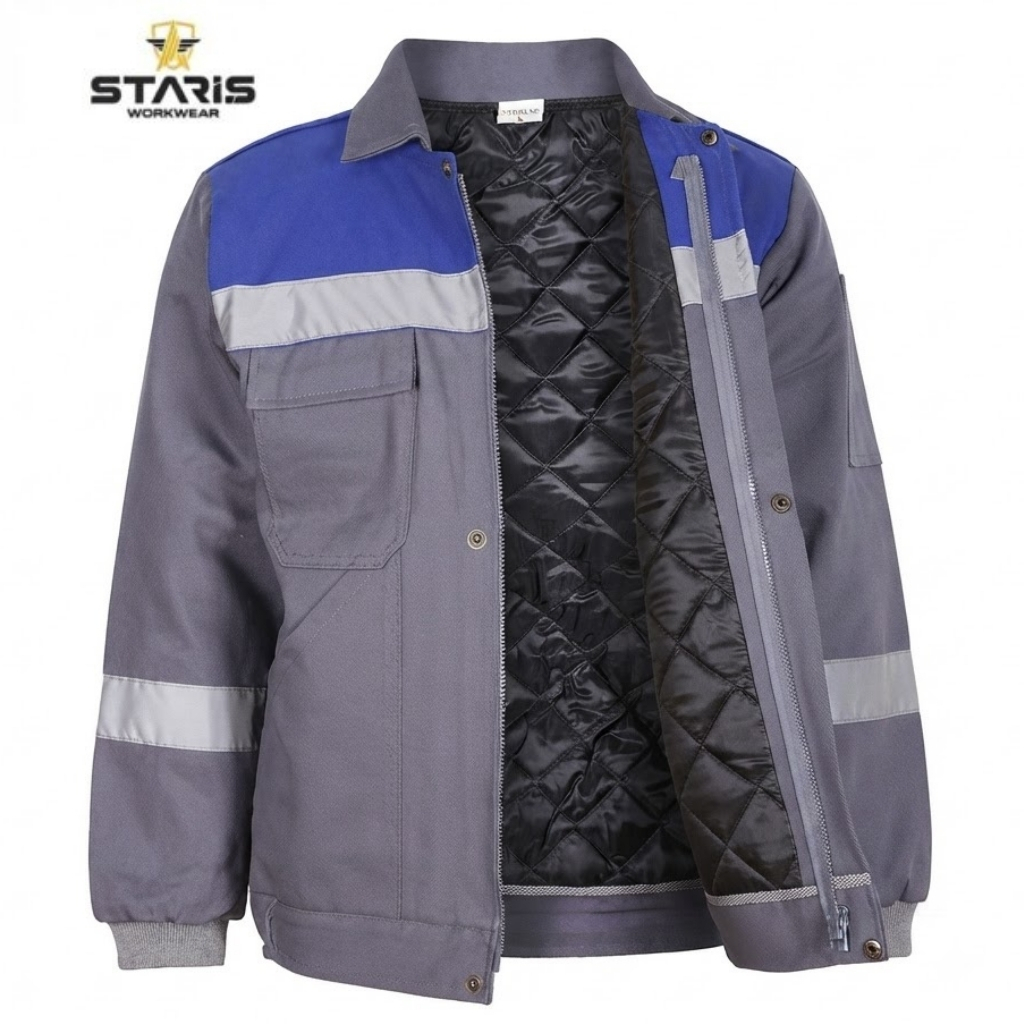 Grey-blue work jacket with reflective stripes on sleeves, front pocket, and an open zip showing a black quilted lining.