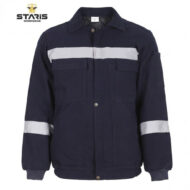 Navy work jacket with a horizontal light-gray reflective stripe across the chest and on the sleeves, two chest pockets, rib cuffs and hem.